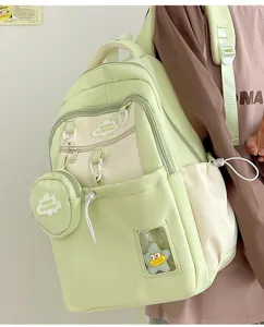 Süßer hellgrüner Canvas Rucksack mit Mini Münzbeutel im Ins Stil für Damen Schultertasche