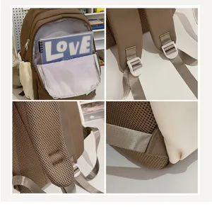 Detailansicht des lässigen Mini-Rucksacks mit Netzgurten, transparenter Fronttasche und Schnallen.