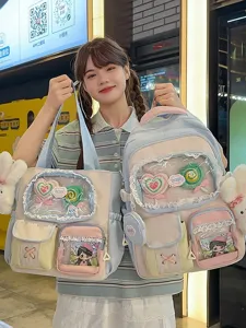 Süßer Kontrast Farbblock Nylon Rucksack Multi Fächer Preppy Schultasche Für Teenager Mädchen Junior High Schüler Lässiger Tagesrucksack