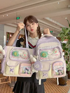 Süßer Dopamin-Farbblock-Rucksack für Studenten, niedliche College-Stil Mehrfächer-Tasche.