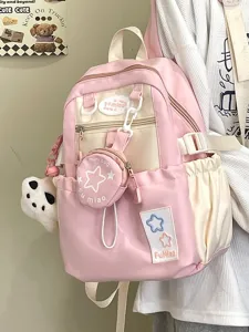 Zaino rosa e beige con stelle per donna, stile giapponese carino e casual per la scuola.