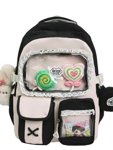 Süßer farbblockierter Schulrucksack mit Sichtfenster Fächer für Damen Teenager Alltag.
