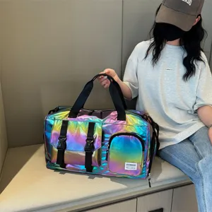 Borsa da palestra olografica iridescente di grande capacità per fitness, sport e viaggi.