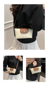 Kleine Mini Nylon Umhängetasche mit braunem Deckel und Griff, stylische Handtasche für Damen.