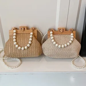 Sommer Strand geflochtene Handtasche mit Perlenkette Holzverschluss Umhängetasche.