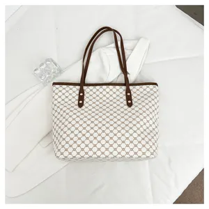 Stylish large capacity women shoulder tote bag with monogram pattern for daily commuting work.
