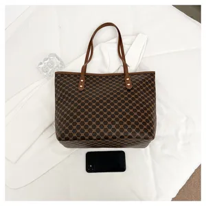 Women large capacity tote bag vintage brown pattern shoulder commute handbag daily