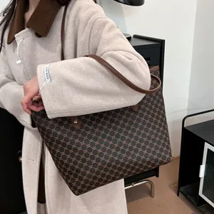 Women large capacity tote bag vintage monogram shoulder bag stylish commuter casual handbag