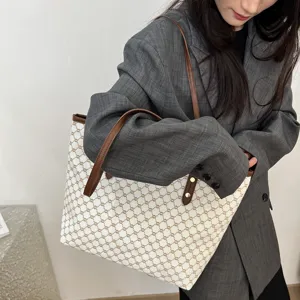 Large capacity women tote bag, stylish commuter shoulder bag with classic printed canvas.