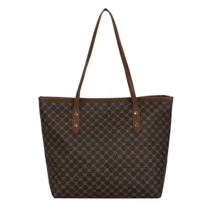 Stylish women brown monogram tote bag large capacity casual shoulder bag for daily commute