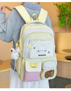 Detailansicht des süßen Studentenrucksacks mit praktischen Taschen, Spitzen und Plüschanhänger.