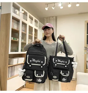 Segeltuch Studenten Rucksack und Tragetasche Set, niedlicher Stil schwarze Schultasche.
