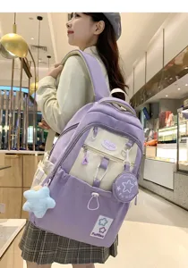 Koreanischer rucksack für damen, schicke schultertasche in lila weiß mit süßen anhängern chic.
