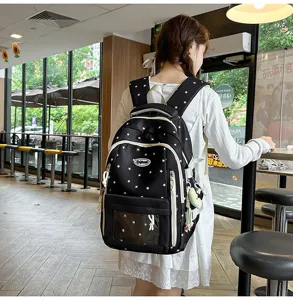 Schwarzer Schüler-Schulrucksack mit weißem Sternenmuster und klarem Taschen-Detail
