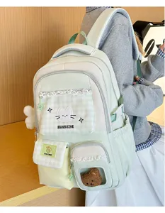 Koreanischer College-Stil süßer niedlicher Rucksack mit Taschen und Sichtfenster.