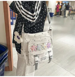 Süße weiße Canvas-Itabeige mit transparenter Tasche, Sternanhängern und schöner Schultasche.
