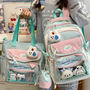 Süßer, farblich abgesetzter Schulrucksack und Tragetaschen-Set mit klarem Frontfenster.