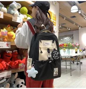Koreanischer Stil Farbblock Canvas Rucksack für Schülerinnen süßer Freizeittagungsrucksack Stern