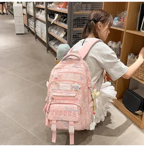 Detailansicht des rosa Freizeit-Rucksacks mit mehreren Fächern, Stickerei und süßen Anhängern.