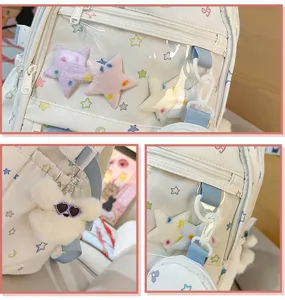 Detailansicht des niedlichen Itabag-Rucksacks mit klarem Fenster und Plüsch-Sternanhängern.