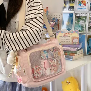 Rosa Canvas Ita-Tasche mit klarem Sichtfenster, süße Umhängetasche für Alltagsstil und Pins.