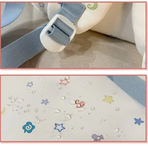 Schulrucksack Detail mit blauen Gurten, verstellbaren Schnallen und wasserdichtem Stoff mit Sternen.