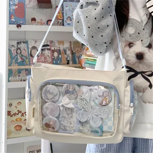 Japanischer Canvas Ita Bag mit klarem PVC-Fenster, süße Umhängetasche für den Alltag und Anime-Fans.