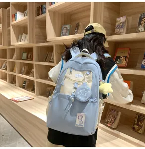 Modischer koreanischer Stil Kontrastfarbe College Rucksack mit Mini Beutel hellblau