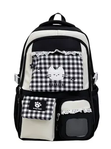 Süßer koreanischer College-Rucksack mit Katzenmuster, Karotaschen und feiner Spitzenborte.