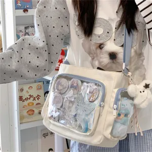 Japanische süße Leinwand Ita Tasche mit durchsichtiger Tasche für Pins und Plüschtieranhänger.