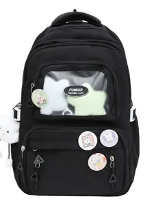Schwarzer Canvas-Schulrucksack mit transparenter Fronttasche, süßer Rucksack für Schülerinnen.