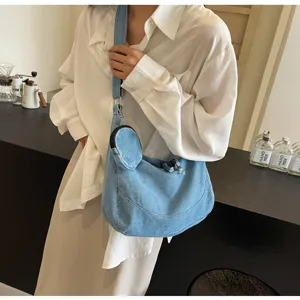 Korean style denim crossbody dumpling bag for women, casual soft shoulder bag with small pouch.