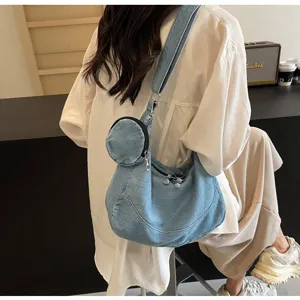 Korean style denim dumpling crossbody bag for women lightweight soft hobo shoulder bag with pouch