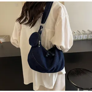 Casual denim hobo shoulder bag with round pouch, stylish Korean style crossbody bag for women.