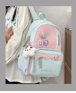 Hübscher pastellblauer und rosa Rucksack für Mädchen, großer Schulranzen für Reise und Schule.