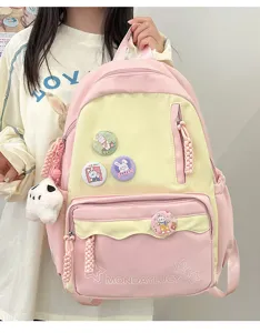Süßer Pastell Schulrucksack für Mädchen, große japanische Büchertasche mit Pins und Anhänger.