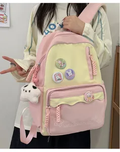 Niedlicher rosa-gelber Segeltuch-Rucksack für Schüler, süßer Freizeit-Schulranzen.