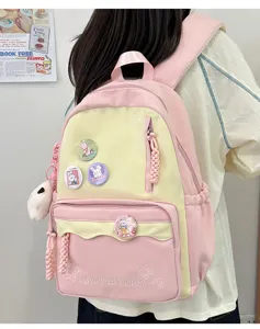 Süßer japanischer Stil Rosa Gelb Leinwand Rucksack große Kapazität Schultasche für Mädchen