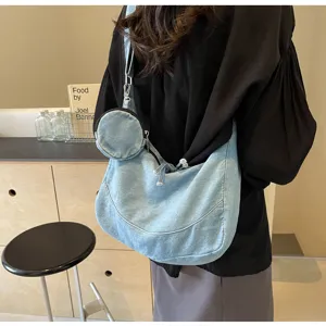 Korean style denim dumpling crossbody bag for women casual lightweight shoulder phone bag