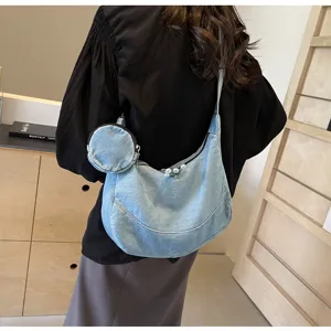Korean style denim dumpling bag, casual crossbody shoulder bag with small round pouch for women.