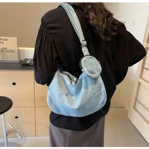 Korean style light blue denim hobo bag with small round pouch casual crossbody bag