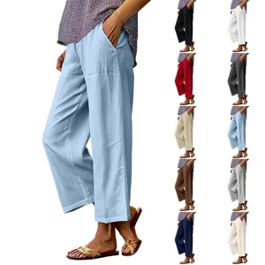 Women Casual Cotton Linen Wide Leg Pants Loose Solid Color High Waist Palazzo Trousers Summer Spring Soft Casual Daily Wear