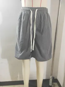 Men's summer casual drawstring corduroy shorts retro fine stripe elastic waist shorts gray