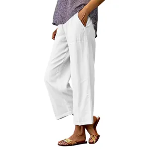 Women's solid color cotton linen casual loose wide leg trousers summer comfort pants