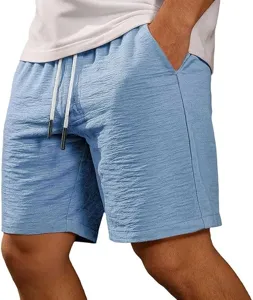 Casual light blue summer shorts detail, featuring a white adjustable drawstring waistband.