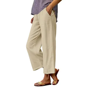 Women casual solid color linen wide leg long pants comfortable spring summer fashion