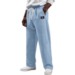 Pantalon de Sport Décontracté pour Hommes Texture Gaufre Mélange Synthétique Jambe Droite à Cordon Pantalon de Jogging Respirant