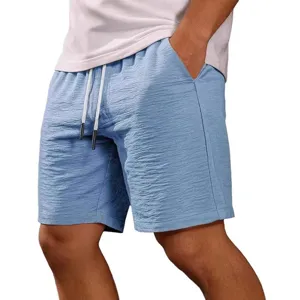 Men's casual summer sports shorts with drawstring elastic waist, light blue relaxed fit.