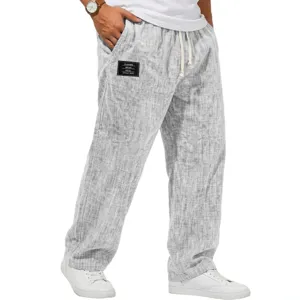 Men casual loose grey linen trousers, comfortable straight fit everyday summer long pants