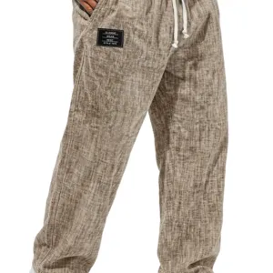 Men's casual linen trousers loose fit solid color drawstring pants with pocket label.